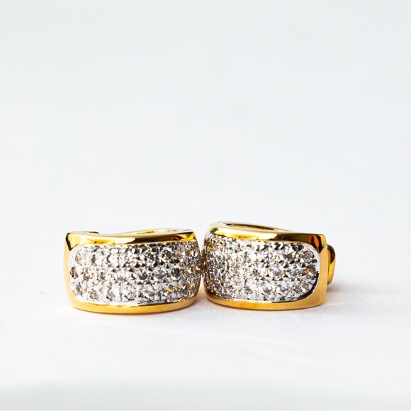 Quiet luxury huggie hoop gold tone earrings pave CZ minimalist by Brilliante - Picture 6 of 16